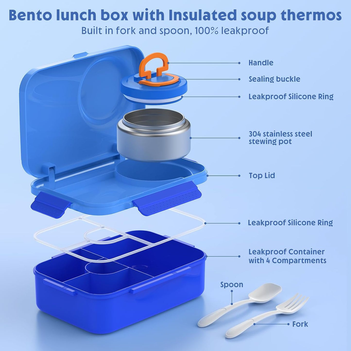 DaCool Upgraded Kids Lunch Box with Thermo for Hot Food 1400ml Child Bento Box for Kids with 5oz Small Thermo for Boys Girls with Fork Spoon Leakproof for Dining Out School Work Picnic, Blue
