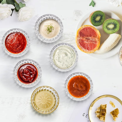 ZEAYEA Set of 8 Glass Dipping Sauce Cup, 2 oz Stackable Mini Glass Pinch Bowls for Spices, Condiments, Snack, Clear Floral Relief Design Small Prep Bowls for Kitchen, Party, Gift, Dishwasher Safe