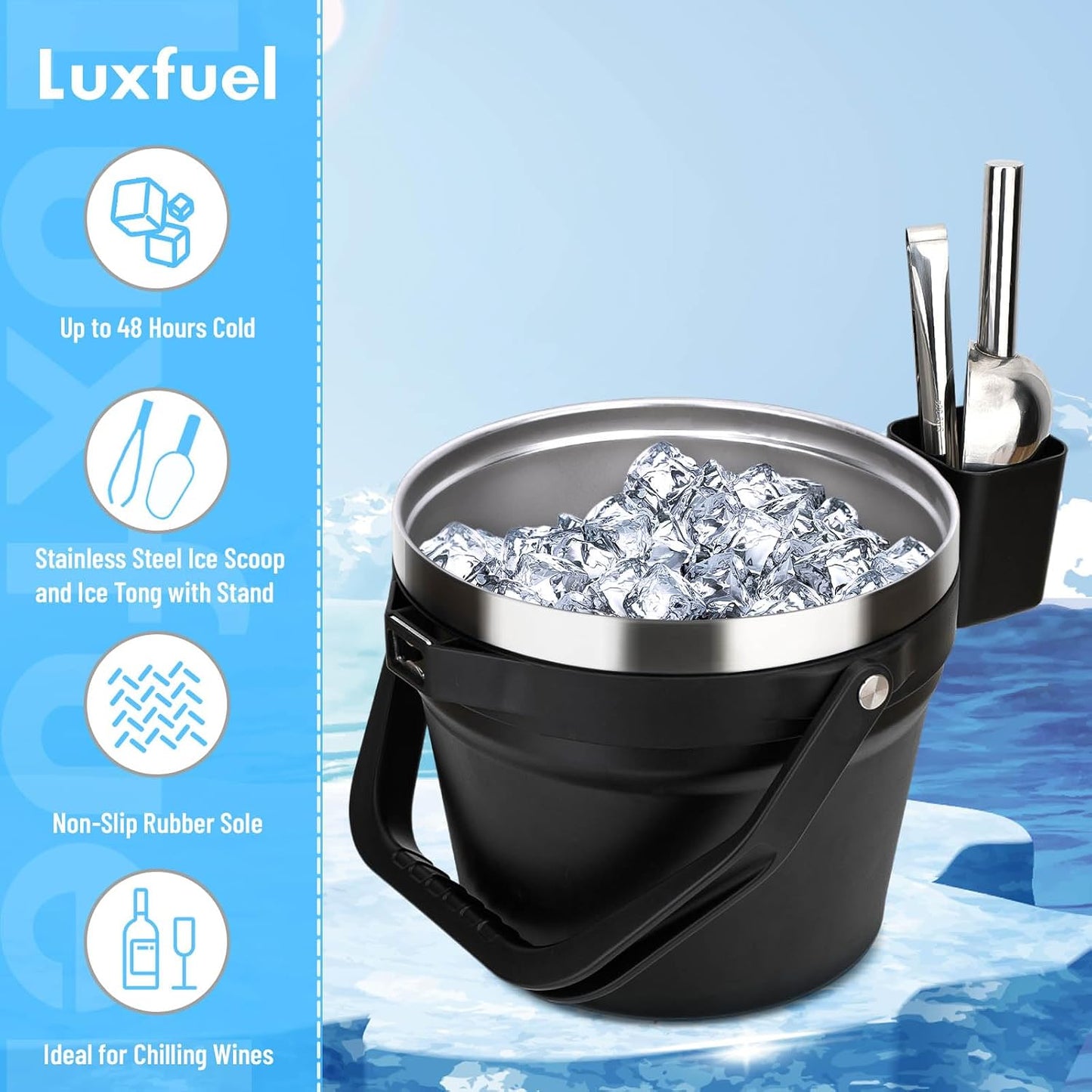 Luxfuel Insulated Beverage & Ice Bucket with Lid - Stainless Steel, Includes Scoop & Tongs, Holds 6 Longnecks or 3 Wine Bottles, Keeps Ice for Hours, Portable Handle for Parties & Outdoors (7.5L)
