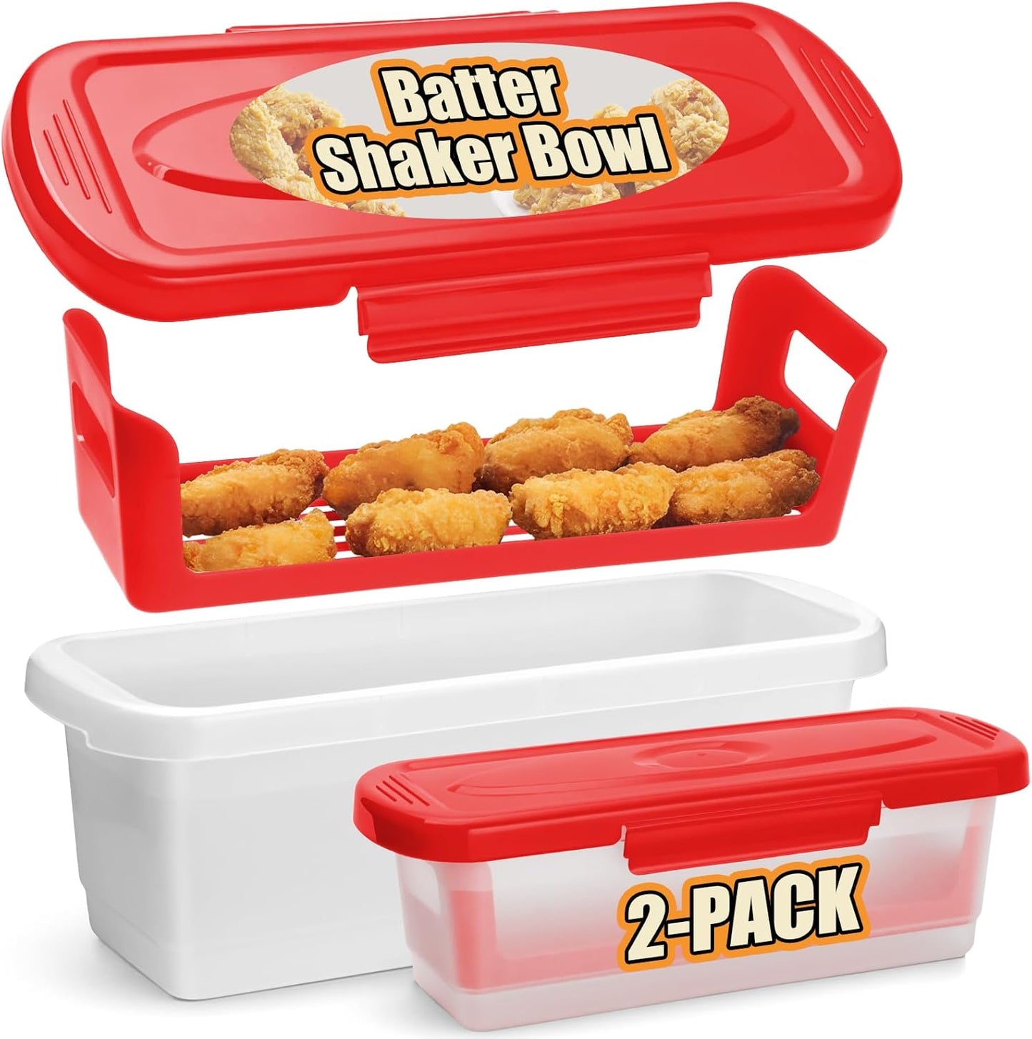 Batter Bowl with Lid, 2-Pack Fish Batter Shaker, Better Breader Shaker Bowl with Breading Shaker Tray, Batter Bowl with Lids Shaker for Frying Chicken Wings Fish Onion Rings Veggies