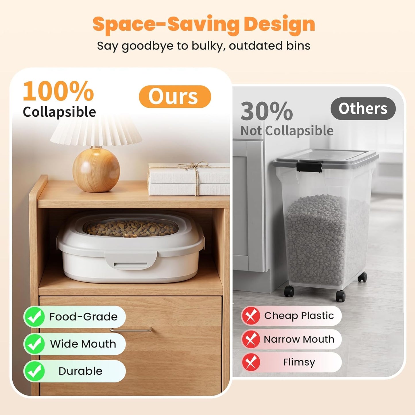 40 Lbs Dog Food Storage Container with Wheels, Collapsible Pet Food Storage Container with Clear Window, 2 Measuring Cups and Scoop, BPA Free Cat Food Container for Rice, Flour, Grain, Bird Seed