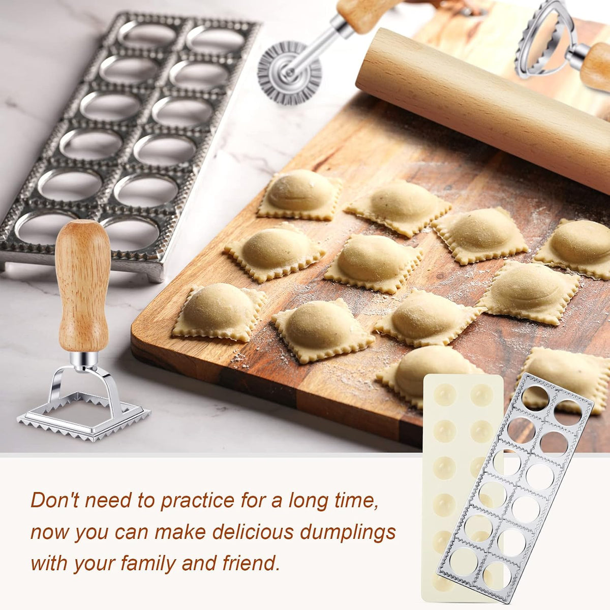 Geetery 5 Pcs Ravioli Mold Set 2 Inch Square Ravioli Maker Cutter Kit with 12-Hole Raviolis Press 3 Pasta Cutter Stamps Wooden Rolling Pin Pasta Making Tool for Homemade Raviolis Home Restaurant Use