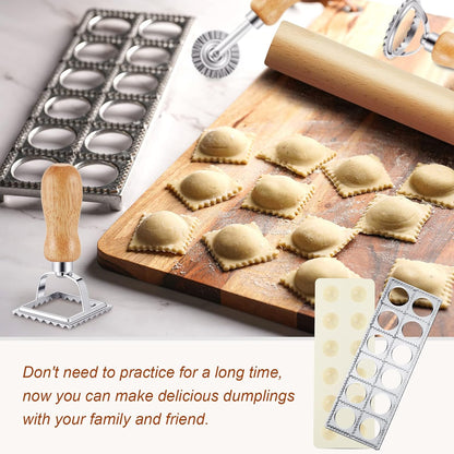 Geetery 5 Pcs Ravioli Mold Set 2 Inch Square Ravioli Maker Cutter Kit with 12-Hole Raviolis Press 3 Pasta Cutter Stamps Wooden Rolling Pin Pasta Making Tool for Homemade Raviolis Home Restaurant Use
