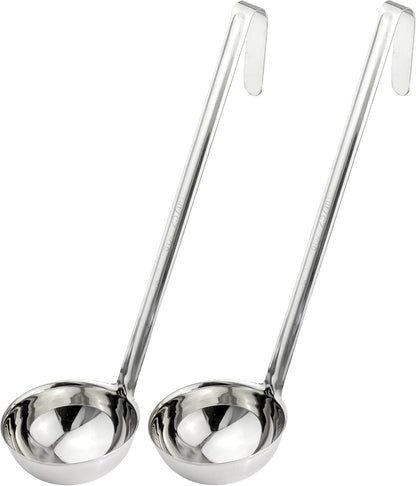 Fit Meal Prep [2 Pack] 2 oz Stainless Steel Soup Ladle, One-Piece Sauce Spatula with Hook Handles, Commercial Grade Serving Spoon, Kitchen Tool for Restaurant or Home Cooking, Mirror Finish, 12" Long