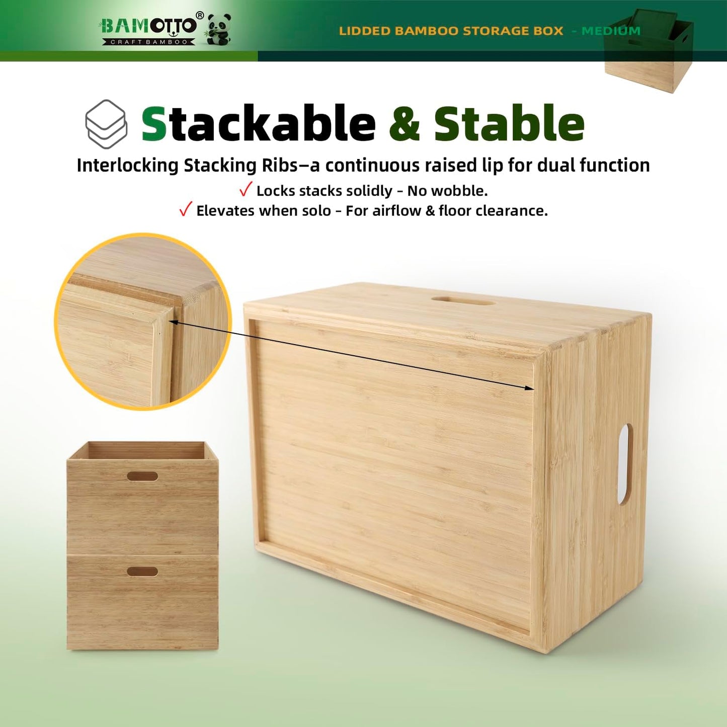 BAMOTTO CRAFTBAMBOO 2-Piece Large Bamboo Storage Box Set - 7.1in High Stackable Deep-Drawer Organizer, Lidless Bin for Kitchen Cutlery Utensils, Home & Office (14.6"x10.2"x7.1"+14.6"x10.2"x3.1")