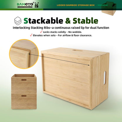 BAMOTTO CRAFTBAMBOO 2-Piece Large Bamboo Storage Box Set - 7.1in High Stackable Deep-Drawer Organizer, Lidless Bin for Kitchen Cutlery Utensils, Home & Office (14.6"x10.2"x7.1"+14.6"x10.2"x3.1")
