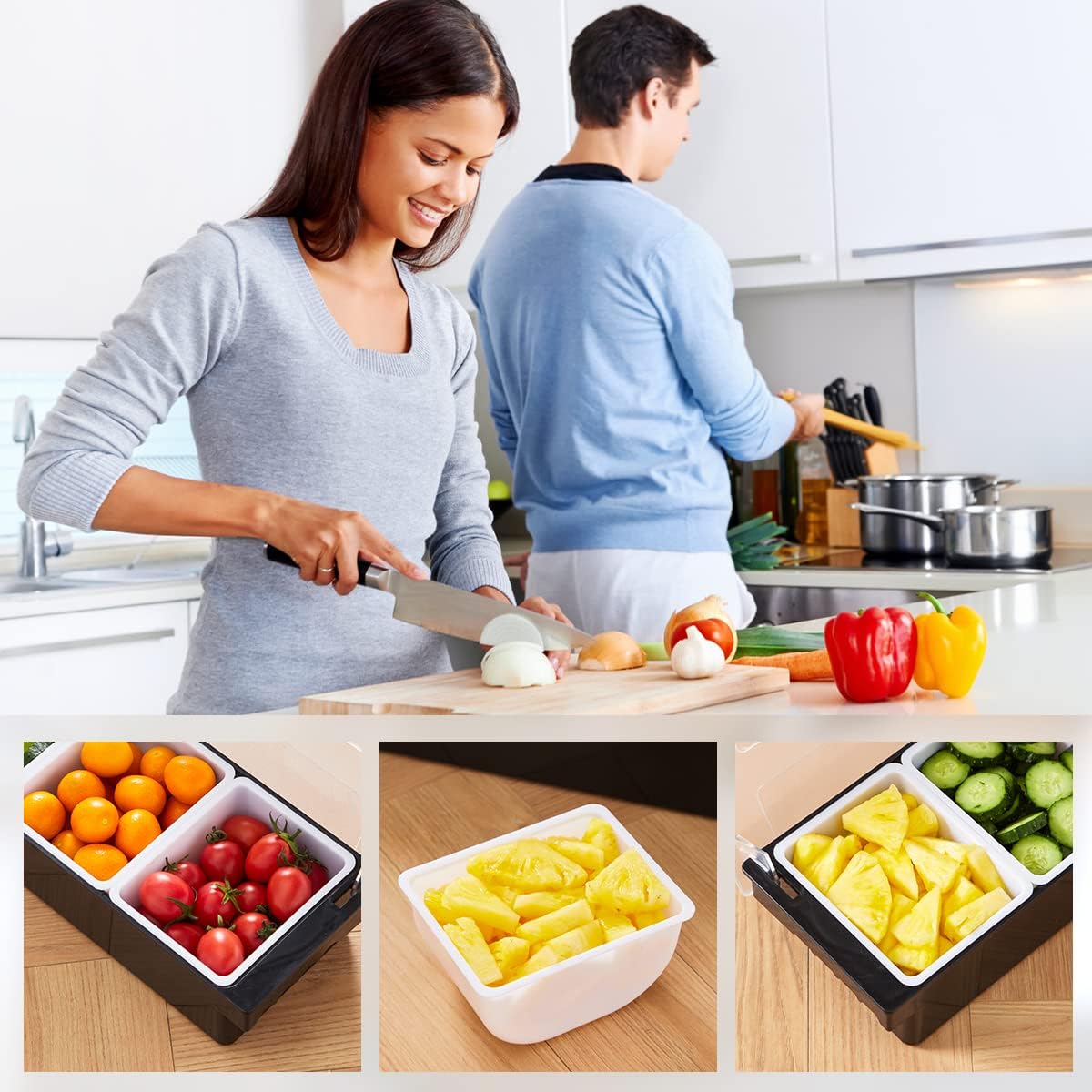 Ice Cooled Condiment Serving Container-6 Compartment Chilled Garnish Tray Bar Caddy with Hinged Lid (6 Compartments)