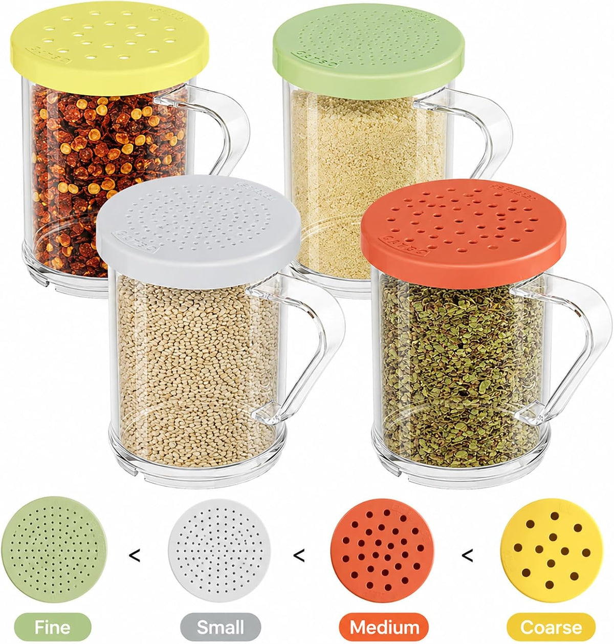 4-Pack Plastic Dredge Shaker Set, 10 oz Clear Flour & Sugar Dispensers with Handles, Commercial Seasoning Shakers for Powder, Spices & Herbs, 4 Bodies & 4 Lids with Different Hole Sizes