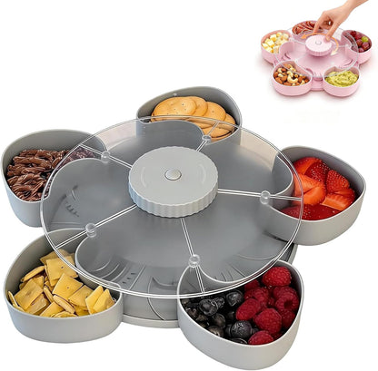 Divided Serving Tray that Spins with Lid, Rotating Snack Tray with 5 Compartments, Divided Spin and Snack Serving Tray, Snack Organizer for Fruit, Nuts, Candy, Veggies, Party Appetizers (Gray)