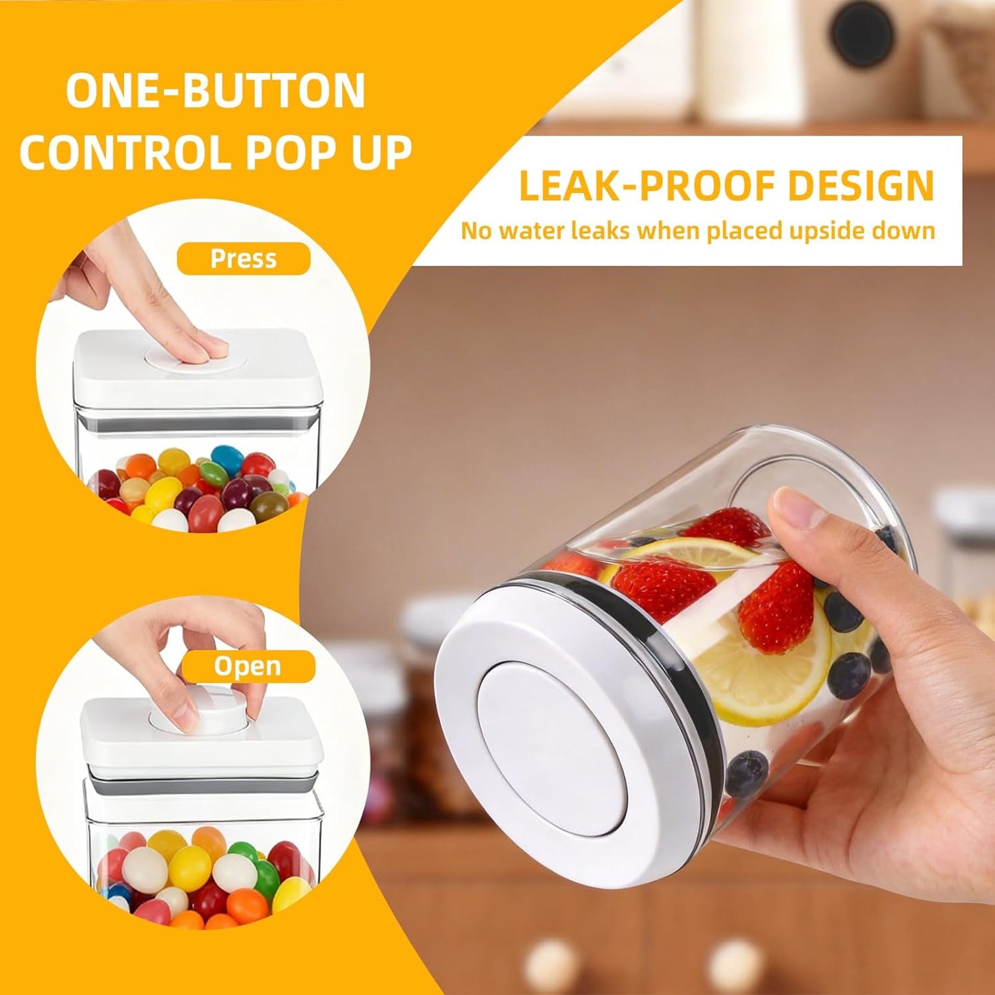 Pop Airtight Food Storage Containers with Lids, Push Button Seal BPA-Free for Kitchen Pantry Organization, 3 Pcs 0.65Qt/0.7Qt/1.8Qt for Cereal, Flour, Sugar, Snacks Dry Food Storage