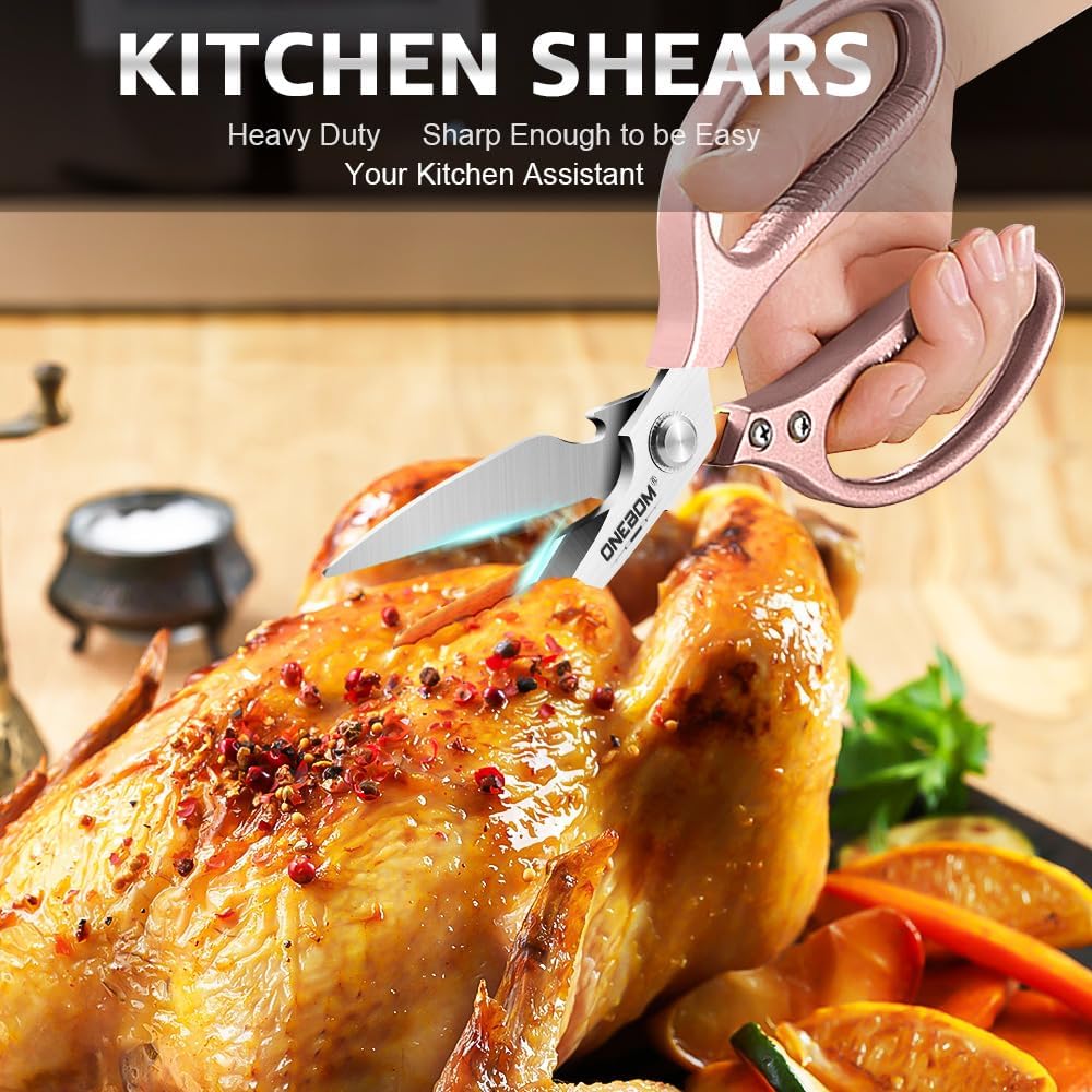 ONEBOM Kitchen Shears 2 Pack,Multi-Function Kitchen Scissors Heavy Duty Sharp 304 Stainless Steel, Apartment Kitchen Accessories Cooking Shears for Chicken,Meat,Fish,Poultry(Sliver)