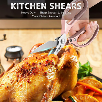 ONEBOM Kitchen Shears 2 Pack,Multi-Function Kitchen Scissors Heavy Duty Sharp 304 Stainless Steel, Apartment Kitchen Accessories Cooking Shears for Chicken,Meat,Fish,Poultry(Sliver)