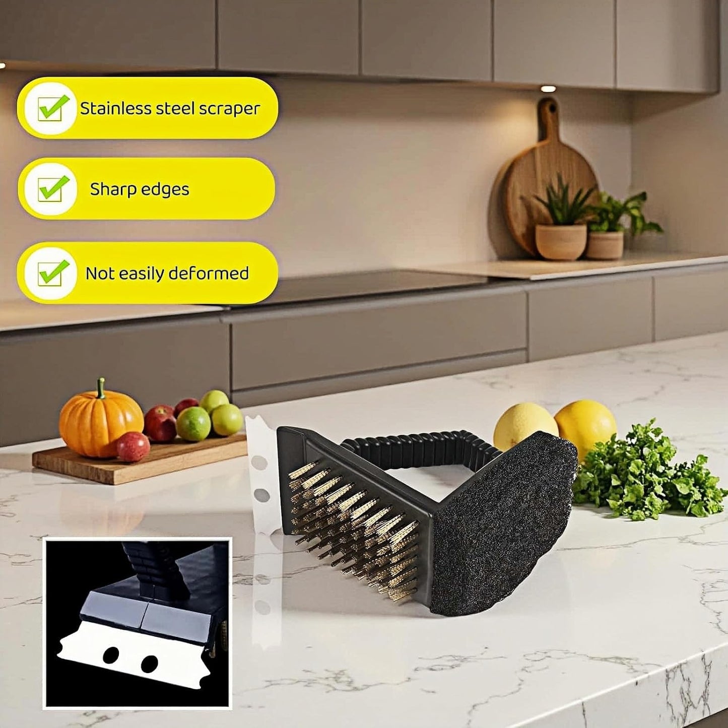 3-in-1 Heavy Duty Grill Brush with Copper Bristles, Stainless Scraper & Sponge - Angled Triangle BBQ Cleaner Tool, Non-Slip Grip for Grill Grate (Black)