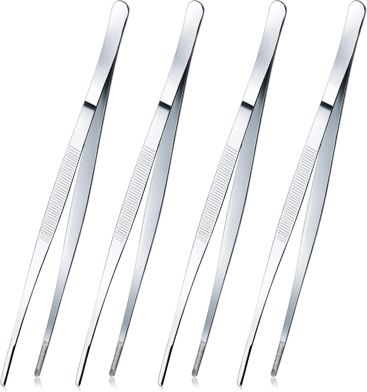 Yaomiao 4 Packs 12 Inch Bar Tweezers Silver Cocktail Tongs Long Garnish Tweezers Stainless Steel Bartender Kitchen Cooking Tongs for Cocktail Food Fruit Korean BBQ Bartender Chef, Multi-use