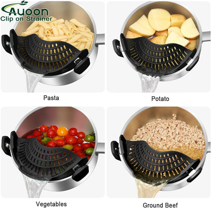 AUOON Clip On Strainer Silicone for All Pots and Pans, Pasta Strainer Clip on Food Strainer for Meat Vegetables Fruit Silicone Kitchen Colander