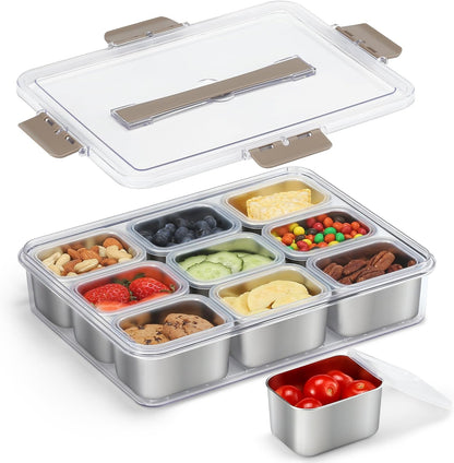 Snackle Box Container, Stainless Steel Snack Containers for Adults, 9 Compartments Divided Serving Tray with Lids and Handle, Portable Snack Platter for Parties, Grey