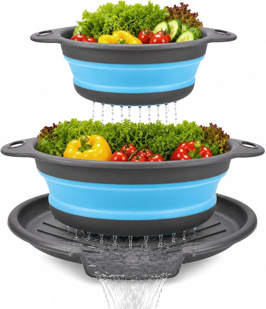 2 Collapsible Colanders with Self-Draining Tray(Blue)