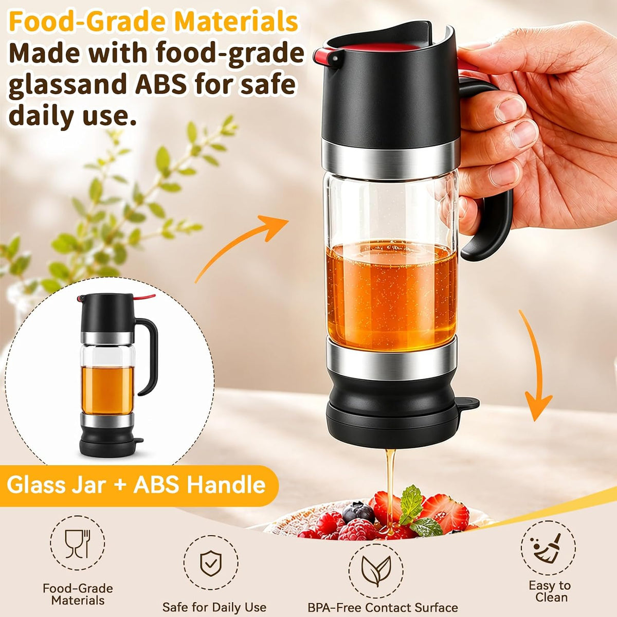 Honey Dispenser No Drip, Glass Honey Dispenser with Stand, 10oz Borosilicate Mess-Free Honey Jar with Ergonomic Handle, Precision Pouring Container for Honey, Maple Syrup, Chocolate Syrup (Black)