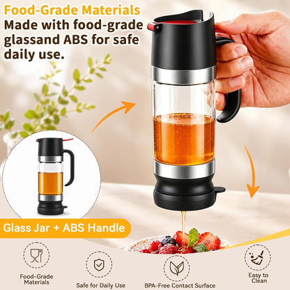 Honey Dispenser No Drip, Glass Honey Dispenser with Stand, 10oz Borosilicate Mess-Free Honey Jar with Ergonomic Handle, Precision Pouring Container for Honey, Maple Syrup, Chocolate Syrup (Black)