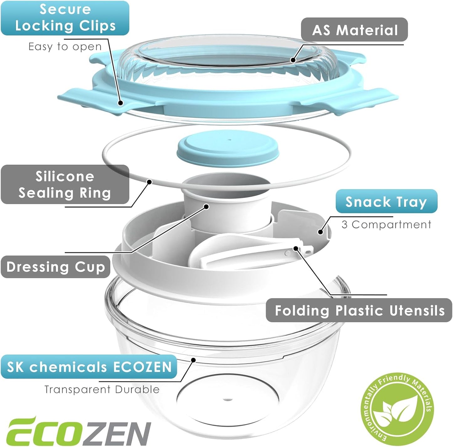 WHALEHOUSE Clear Eco-friendly SK chemicals ECOZEN Salad Container, 33OZ Portable Plastic Salad Bowls with Lid & Snack Tray, Leak-Proof Dressing Container, Reusable Fork, Lunch Box for Meal Prep (Pink)