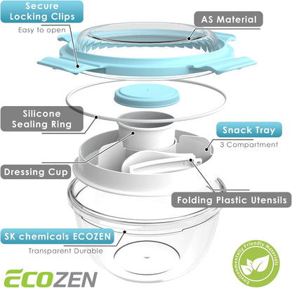 WHALEHOUSE Clear Eco-friendly SK chemicals ECOZEN Salad Container, 33OZ Portable Plastic Salad Bowls with Lid & Snack Tray, Leak-Proof Dressing Container, Reusable Fork, Lunch Box for Meal Prep (Pink)
