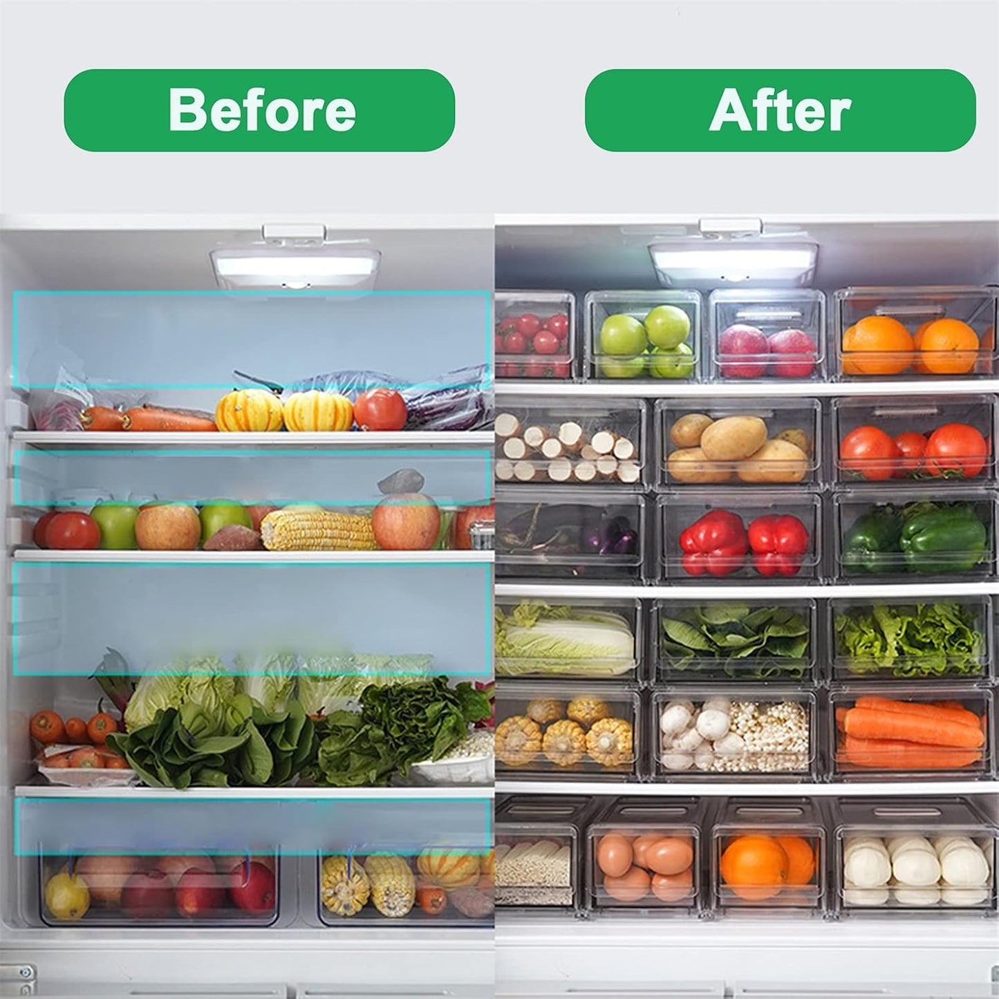 YekouMax Pantry Organizers and Storage Bins, Refrigerator Organizer, Plastic Stackable Storage Bins with Drawers, Pull-Out Cabinet Containers for Fridge Kitchen Office (2 PACK, Extra Large & Medium)