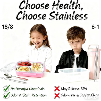 Stainless Steel Bento Box for Kids, 3-Compartment Leakproof Lunch Box with Lid, Toddler Food Container for School, Microwave Safe, Dishwasher Safe, BPA Free, 25oz(green)