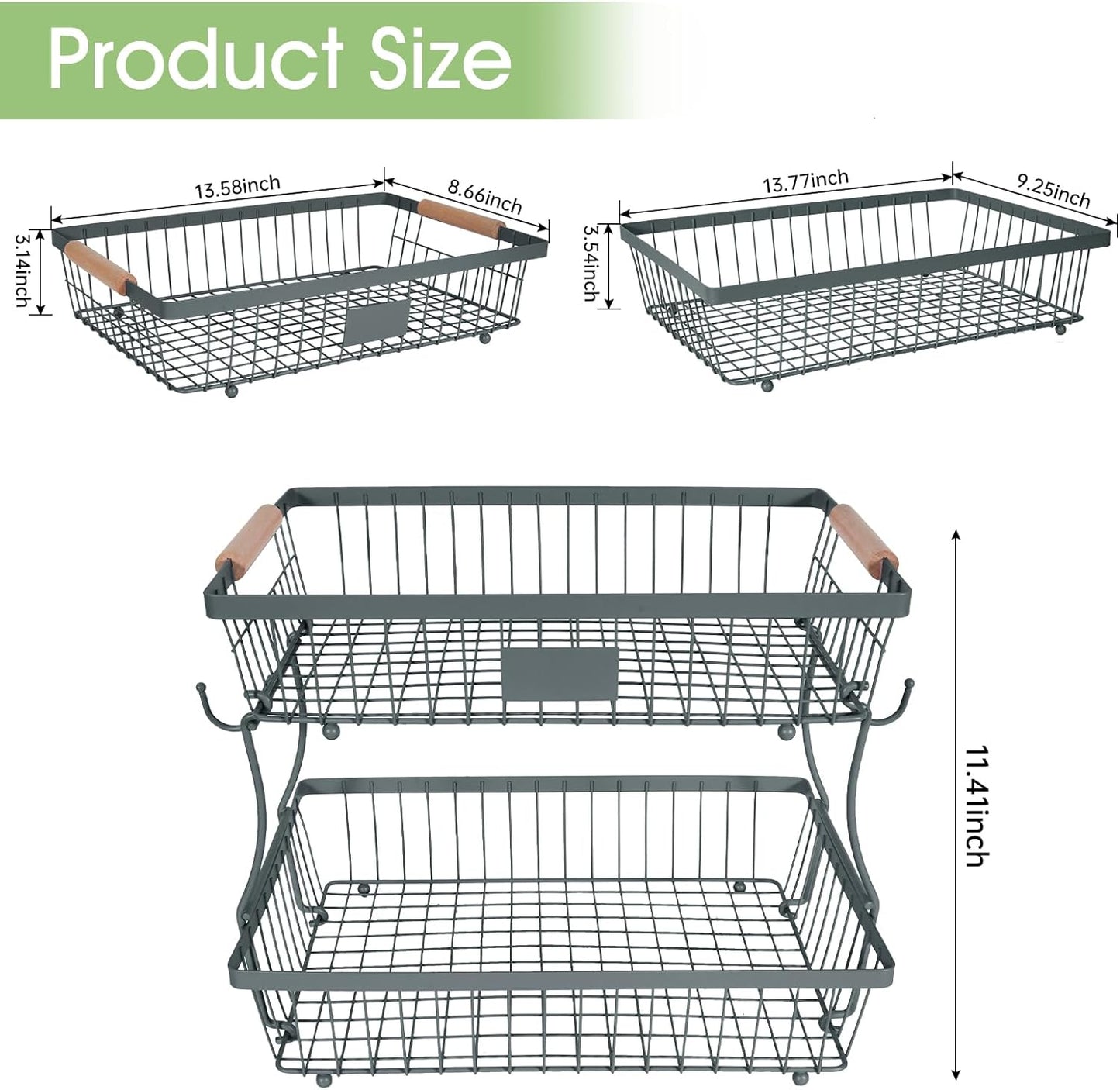 Fruit Basket Bowl 2 Tier Detachable with 2 Banana Hangers, Fruit Stand Holder for Kitchen Countertop, Metal Wire Vegetable Storage Organizer, for Bread Snack Veggies Produce, Black