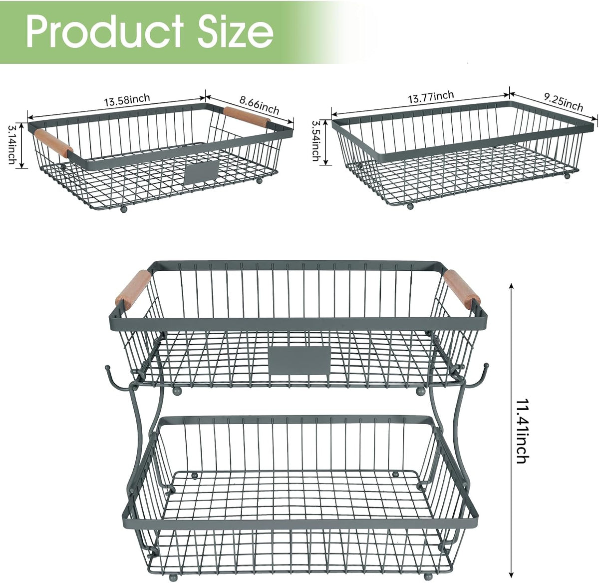 Fruit Basket Bowl 2 Tier Detachable with 2 Banana Hangers, Fruit Stand Holder for Kitchen Countertop, Metal Wire Vegetable Storage Organizer, for Bread Snack Veggies Produce, Black