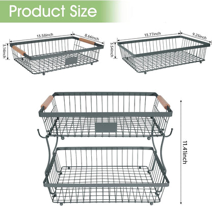 Fruit Basket Bowl 2 Tier Detachable with 2 Banana Hangers, Fruit Stand Holder for Kitchen Countertop, Metal Wire Vegetable Storage Organizer, for Bread Snack Veggies Produce, Black