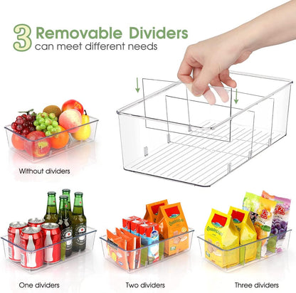 ZIZOTI Snack Organizer for Pantry Shelf, 4 Pack Clear Plastic Pantry Storage Bins with 3 Dividers for Snacks, Spices, Chips Food Organizer, Stackable Pantry Organizers for Kitchen, Fridge, Cabinet