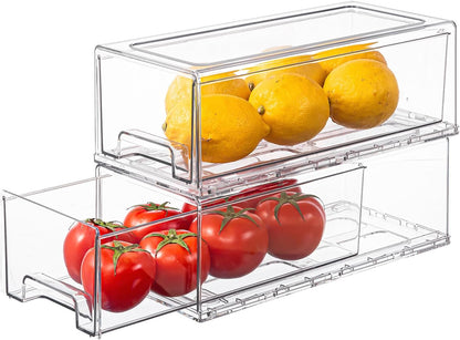 Clear Stackable Refrigerator Organizers and Storage Drawers - Pull-Out Fridge Bins with handles for Kitchen，Pantry，Cabinet，Bathroom, Undersink，Closet (2 Pack)