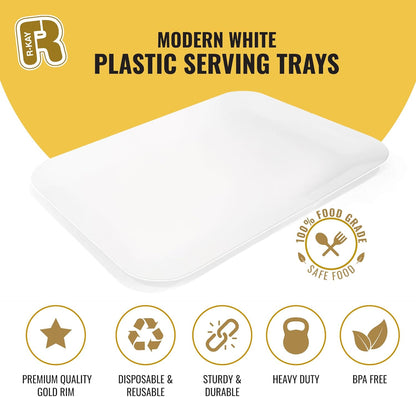 R-kay 3 Pack White Plastic Serving Trays for Party - Rectangular, 8 by 11 in, Heavy Duty Dessert Trays for Food