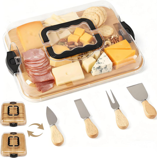 Charcuterie Board Set with Clear Snap-on Lid & Compartments, Portable Bamboo Serving Tray for Travel, Picnics & Entertaining - Ideal for Food Presentation & Housewarming Gifts