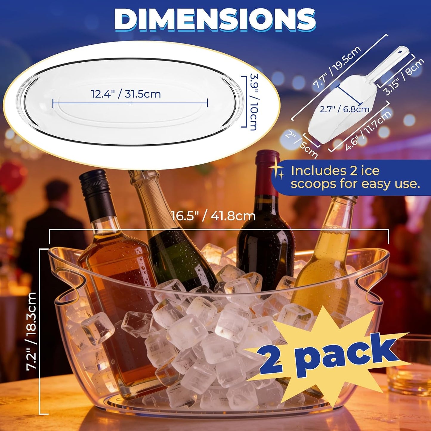 NATGAI 2 Pack Ice Bucket with Scoop, 5L Portable Beverage Tub, Drink Cooler for Champagne/Wine/Beer/Beverage, Mimosa Bar, Celebration, Party Supplies