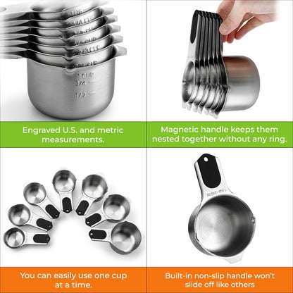 Spring Chef Stainless Steel Measuring Cups Set of 7 with Pour Spout - Nesting Kitchen Tools with Easy Read Markings to Measure Dry or Liquid Ingredients - Metal Measuring Cups for Baking & Cooking
