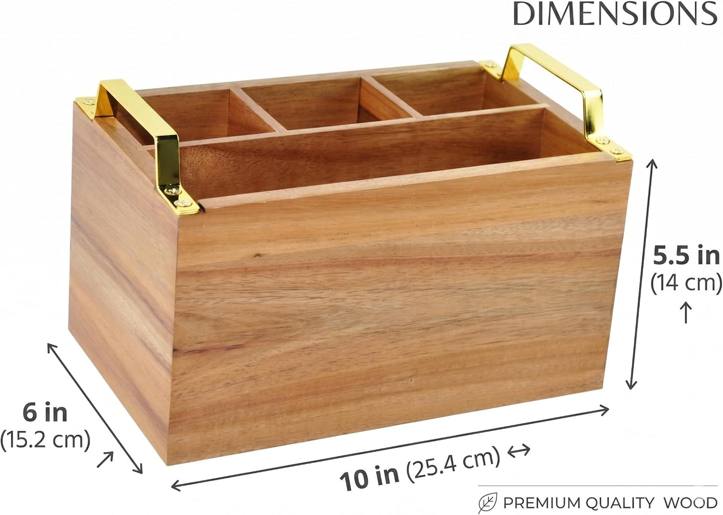Acacia Wood Flatware Caddy - 4 Compartment Silverware Utensil Holder with Golden Metal Handles - 10" W x 6" D x 6.5" H, 2 lbs