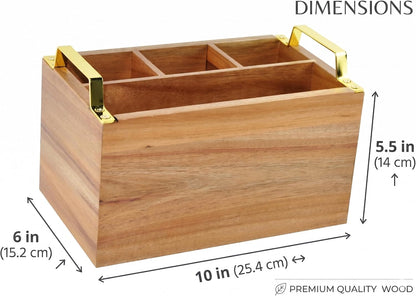 Acacia Wood Flatware Caddy - 4 Compartment Silverware Utensil Holder with Golden Metal Handles - 10" W x 6" D x 6.5" H, 2 lbs