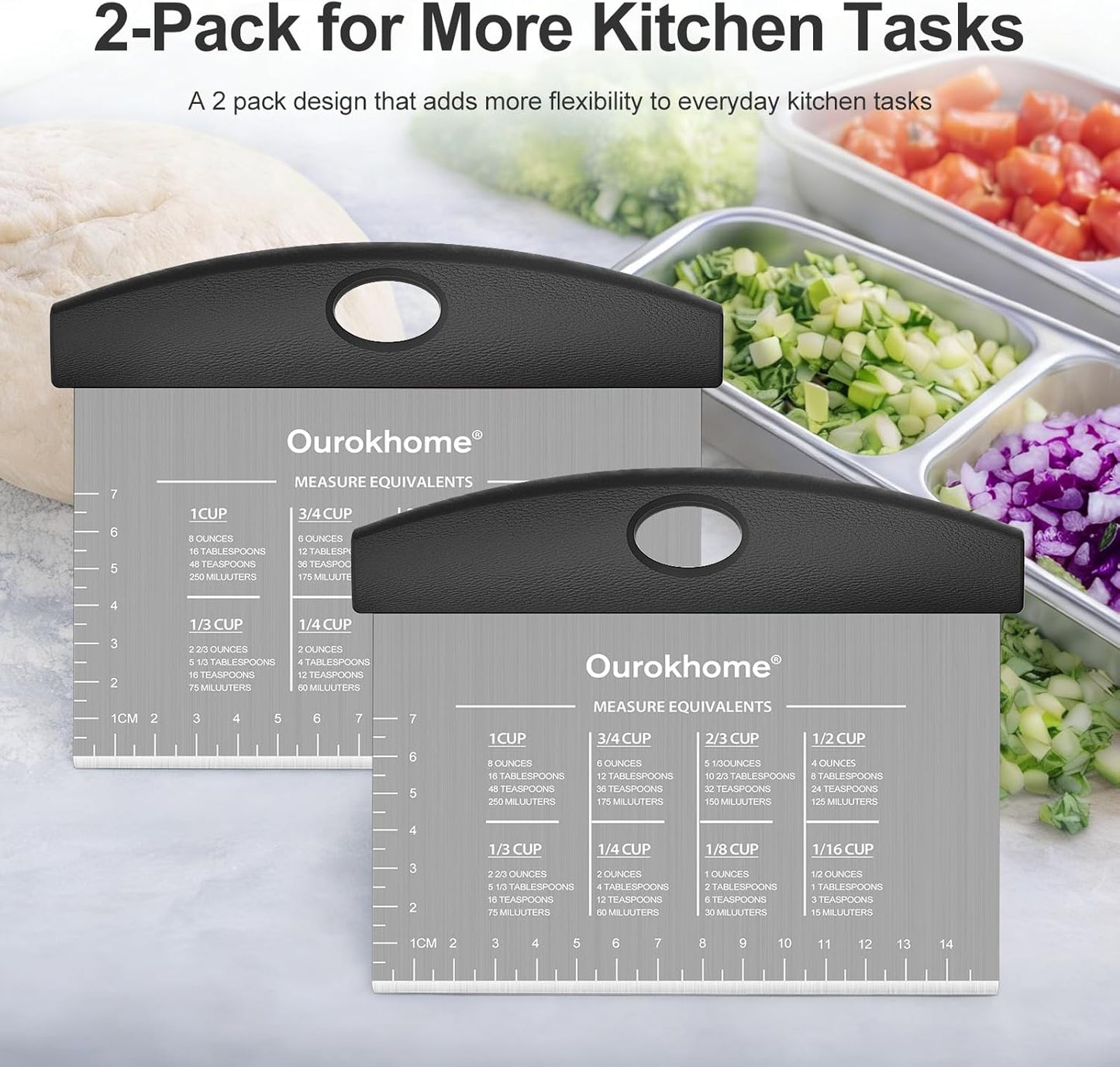 Ourokhome 2 Pack Bench Scraper Dough Cutter, Stainless Steel Dough Scraper with Laser-Etched Scale, Conversion Chart, Non-Slip Handle, Dishwasher Safe for Bread & Pastry, Black