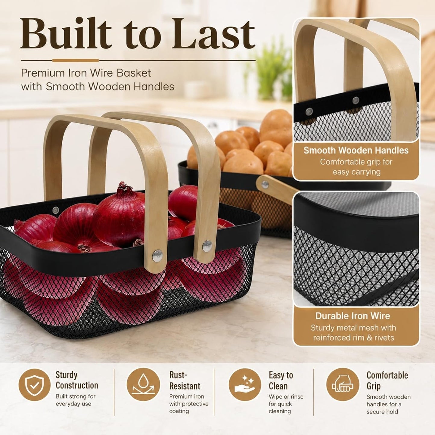 2 Set Potato and Onion Storage Bin, Fruit Basket for Kitchen Counter, Metal Wire Basket with Wooden Handle, Pantry Organizers and Storage Containers for Produce Vegetable Garlic, Black