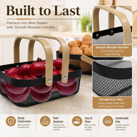 2 Set Potato and Onion Storage Bin, Fruit Basket for Kitchen Counter, Metal Wire Basket with Wooden Handle, Pantry Organizers and Storage Containers for Produce Vegetable Garlic, Black