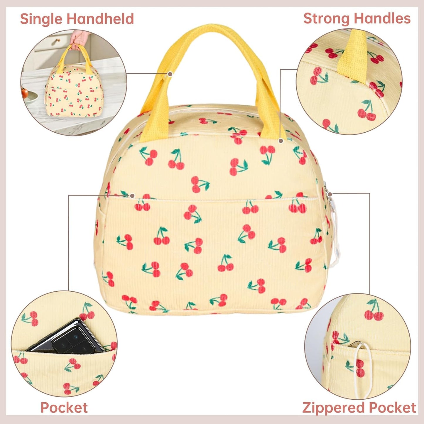 Lunch Bag for Women Men Girl,Large Cute Corduroy Lunch Tote Bags - Reusable Insulated Lunch Box for women with Handle, Leakproof WaterProof Design for Office, School, Work,Picnic.