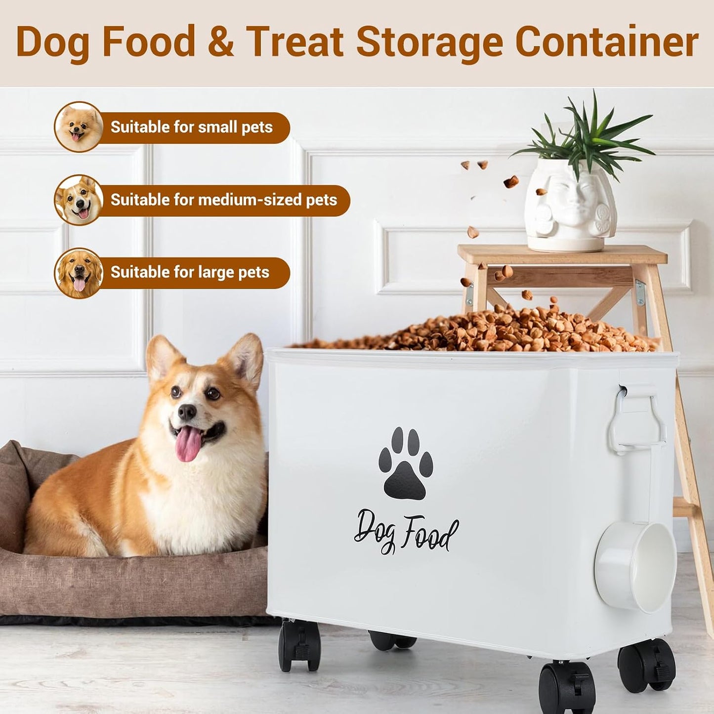 Dog Food Container 13lb, Cute Airtight Pet Food Storage Containers with Metal Lid Scoop, Black Metal Storage Bin for Dog/Cat with Wheels,Easy to Move