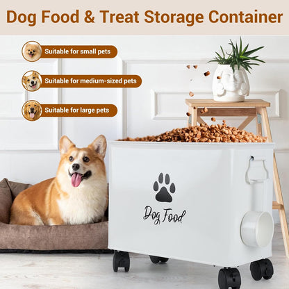 Dog Food Container 13lb, Cute Airtight Pet Food Storage Containers with Metal Lid Scoop, Black Metal Storage Bin for Dog/Cat with Wheels,Easy to Move