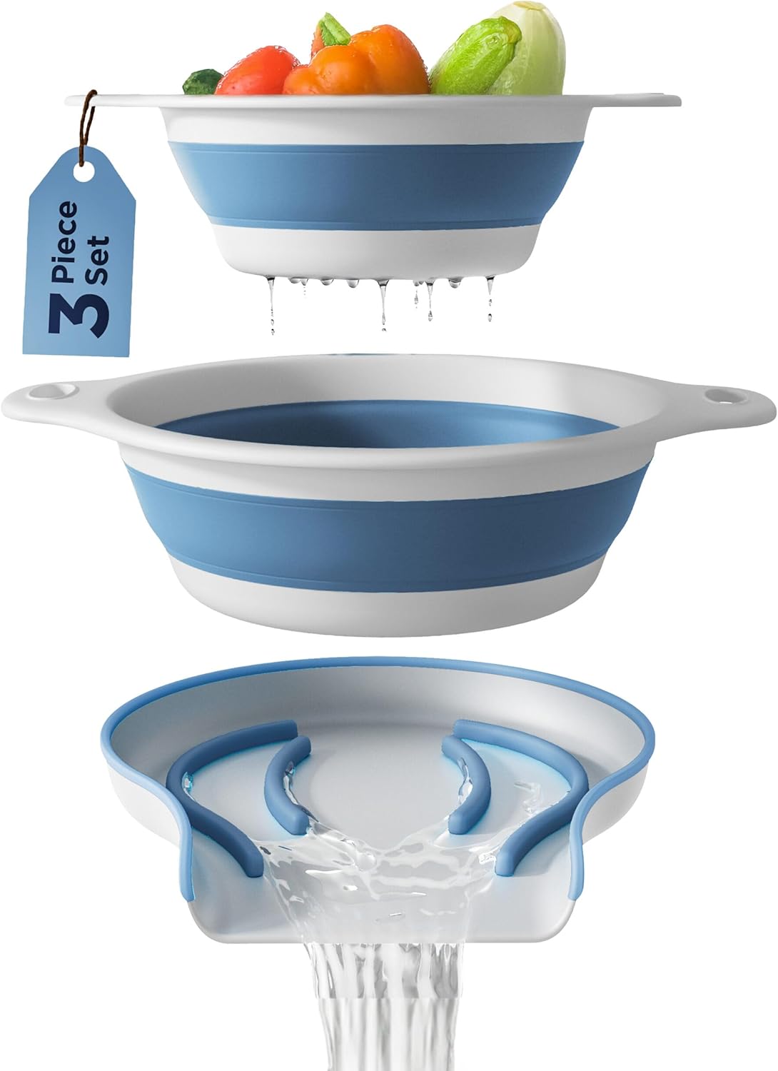 Collapsible Colanders (2 Pack Set) Food Strainers with Over-Sink Water Draining Base for Pasta Fruits and Vegetables (4 and 5 Quart) - White Beige