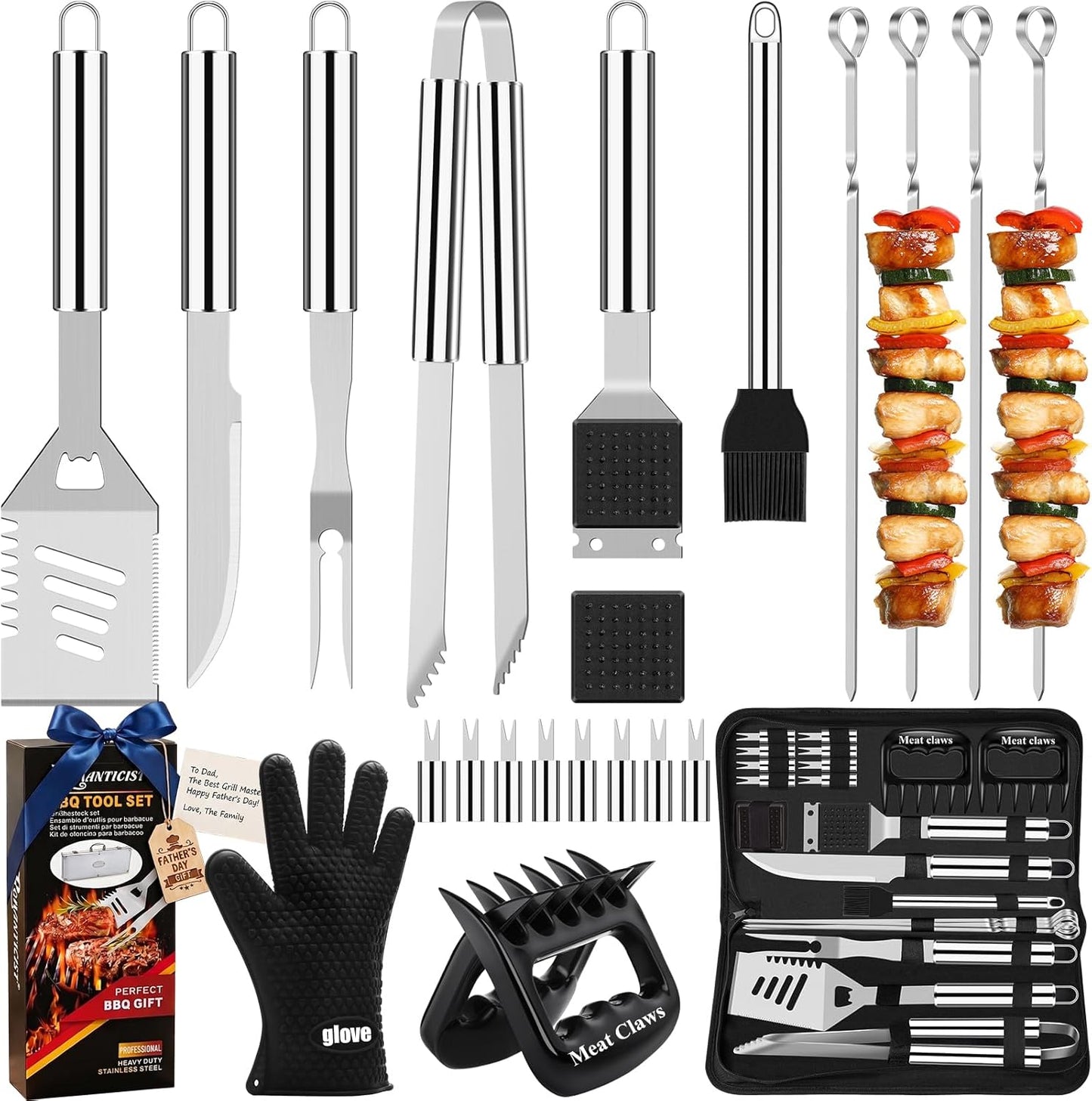 ROMANTICIST 23pcs Heavy Duty Grilling Gifts for Men Dad Fathers Day, Extra Thick BBQ Accessories Tools Set, Stainless Steel Grill Utensils Kit with Meat Claws,Canvas Bag for Outdoor Camping Brown