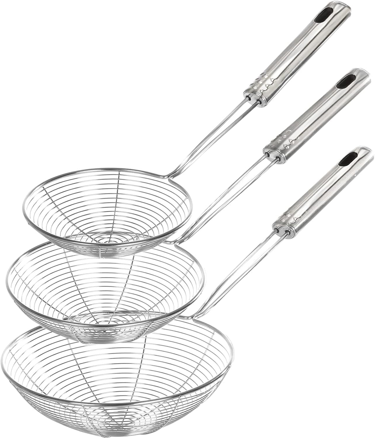 Enhanced Version Stainless Steel Spider Strainer Skimmer Ladle, Set of 3 Sizes Kitchen Strainer Spoon for Cooking and Frying, Pasta Strainer, Food Preparation-32.5cm, 36cm, 38cm