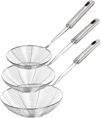 Enhanced Version Stainless Steel Spider Strainer Skimmer Ladle, Set of 3 Sizes Kitchen Strainer Spoon for Cooking and Frying, Pasta Strainer, Food Preparation-32.5cm, 36cm, 38cm
