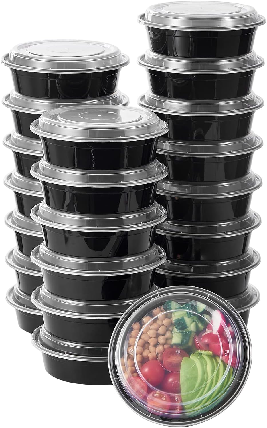 FULING 32 oz 50 ct Round Meal Prep Containers with Lids Plastic Food Storage Lunch Plan To Go Box Disposable Take Out Bowls Black BPA Free Reusable Durable Stackable Microwave Freezer Dishwasher Safe