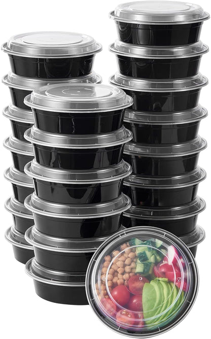 FULING 32 oz 50 ct Round Meal Prep Containers with Lids Plastic Food Storage Lunch Plan To Go Box Disposable Take Out Bowls Black BPA Free Reusable Durable Stackable Microwave Freezer Dishwasher Safe